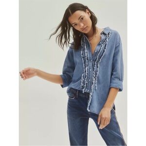 Pilcro by Anthropologie Juni Ruffled Denim Button Down Petite Small 3/4 Sleeve